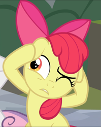 Size: 747x939 | Tagged: safe, screencap, apple bloom, earth pony, pony, g4, surf and/or turf, covering ears, cropped, female, floppy ears, one eye closed, solo