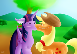 Size: 1920x1358 | Tagged: safe, artist:thebenalpha, applejack, twilight sparkle, alicorn, pony, g4, blushing, female, kiss on the lips, kissing, lesbian, request, ship:twijack, shipping, tree, twilight sparkle (alicorn)