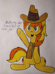 Size: 1280x1707 | Tagged: safe, artist:thunderrainbowshadow, braeburn, earth pony, pony, g4, braeburn's hat, clothes, male, simple background, solo, traditional art, vest, waving, white background