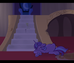 Size: 1000x850 | Tagged: safe, artist:lulubell, oc, oc only, oc:moonlight eve, pony, castle of the royal pony sisters, crying, magical lesbian spawn, offspring, parent:princess luna, parent:twilight sparkle, parents:twiluna, solo, story in the source, throne room