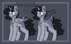 Size: 2500x1556 | Tagged: safe, artist:journeewaters, oc, oc only, oc:artemis dusk, alicorn, pony, male, parent:princess luna, parents:canon x oc, reference sheet, solo, stallion