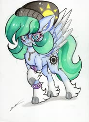 Size: 4911x6665 | Tagged: safe, artist:luxiwind, oc, oc only, oc:soul emblem, pegasus, pony, absurd resolution, female, glasses, hat, mare, solo, spiked wristband, traditional art, wristband