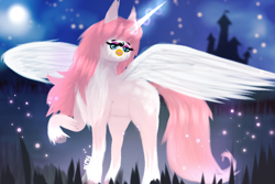 Size: 1200x800 | Tagged: safe, artist:almond evergrow, alicorn, pony, castle, chest fluff, cursed, cursed image, eyeshadow, female, fluffy, furby, glowing, glowing horn, hoof fluff, horn, leg fluff, lidded eyes, looking at you, magic, magical, makeup, mare, moon, mythical, night, not salmon, open mouth, parody, raised hoof, silhouette, smiling, solo, spread wings, unshorn fetlocks, wat, what has science done, where is your god now?, wing fluff, wings, wtf
