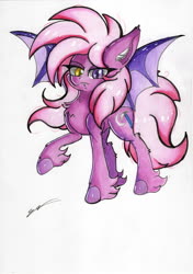 Size: 4920x6972 | Tagged: safe, artist:luxiwind, oc, oc only, oc:crimson nightmare, bat pony, pony, absurd resolution, heterochromia, male, pink pony, solo, stallion, traditional art