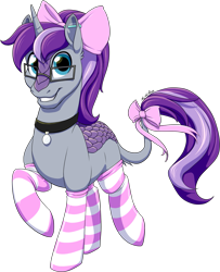 Size: 1187x1459 | Tagged: safe, artist:mythpony, oc, oc only, oc:dolkka, hybrid, kirin, pony, unicorn, bow, clothes, collar, commission, femboy, glasses, hair bow, latex, latex socks, looking at you, male, simple background, smiling, socks, solo, striped socks, tail bow, transparent background