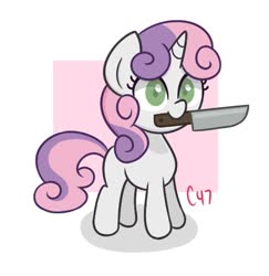 Size: 611x629 | Tagged: safe, artist:handgunboi, sweetie belle, pony, unicorn, g4, female, knife, mouth hold, solo, this will not end well