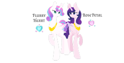 Size: 1255x637 | Tagged: safe, artist:magicuniclaws, princess flurry heart, oc, oc:rose petal, alicorn, pony, g4, alicorn oc, cutie mark, duo, female, horn, mare, offspring, older, older flurry heart, parent:princess cadance, parent:shining armor, parents:shiningcadance, peytral, princess, raised hoof, siblings, simple background, sisters, transparent background
