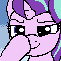 Size: 512x512 | Tagged: safe, artist:wenni, starlight glimmer, pony, unicorn, g4, boop, cute, female, glimmerbetes, glimmerposting, lidded eyes, looking at you, meme, pixel art, raised eyebrow, self-boop, smiling, solo