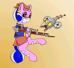 Size: 646x600 | Tagged: safe, artist:dice-warwick, artist:szafir87, oc, oc only, oc:harp melody, pony, robot, unicorn, animated, clothes, commission, dress, drone, gif, gun, hat, horn, rifle, simple background, small horn, small wings, weapon, wings