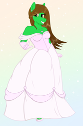 Size: 1872x2818 | Tagged: safe, artist:dyonys, oc, oc:lucky brush, earth pony, anthro, clothes, dress, female, freckles, gloves, jewelry, locket, looking at you, necklace, simple background, smiling