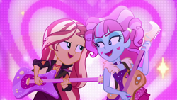 Size: 1600x900 | Tagged: safe, screencap, kiwi lollipop, sunset shimmer, equestria girls, equestria girls series, g4, sunset's backstage pass!, spoiler:eqg series (season 2), duo, duo female, electric guitar, female, guitar, k-lo, musical instrument