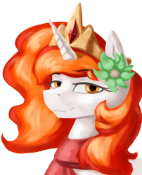 Size: 2426x3000 | Tagged: safe, artist:kelkessel, oc, oc only, oc:freudensonne, pony, unicorn, bust, clothes, commission, fangs, female, flower, flower in hair, high res, horn, jewelry, portrait, regalia, scarf, simple background, smiling, solo, transparent background, unicorn oc