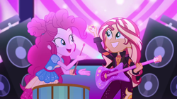 Size: 1600x900 | Tagged: safe, screencap, pinkie pie, sunset shimmer, equestria girls, equestria girls series, g4, sunset's backstage pass!, spoiler:eqg series (season 2), female, guitar, music festival outfit, musical instrument