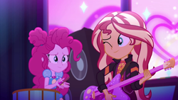 Size: 1600x900 | Tagged: safe, screencap, pinkie pie, sunset shimmer, equestria girls, equestria girls series, g4, sunset's backstage pass!, spoiler:eqg series (season 2), female, geode of sugar bombs, guitar, magical geodes, music festival outfit, musical instrument, one eye closed, wink
