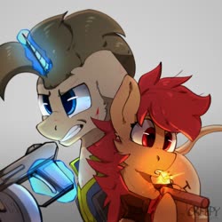 Size: 2000x2000 | Tagged: safe, artist:suplolnope, artist:valthonis, oc, oc:redny, oc:valthonis, earth pony, pony, unicorn, fallout equestria, angry, blood, clothes, collaboration, dynamite, explosives, gun, high res, jumpsuit, scar, shotgun, vault suit, weapon