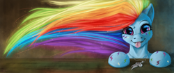 Size: 3200x1340 | Tagged: safe, artist:niceshadow, rainbow dash, pegasus, pony, g4, cute, cutie mark necklace, dashabetes, female, hooves, jewelry, mare, necklace, solo, tongue out, windswept mane