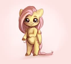 Size: 2803x2503 | Tagged: safe, artist:miokomata, fluttershy, pegasus, semi-anthro, g4, arm hooves, blushing, chest fluff, female, floppy ears, freckles, freckleshy, high res, looking at you, pink background, simple background, smol