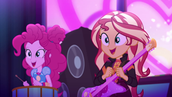 Size: 1920x1080 | Tagged: safe, screencap, pinkie pie, sunset shimmer, equestria girls, equestria girls series, g4, sunset's backstage pass!, spoiler:eqg series (season 2), female, guitar, music festival outfit, musical instrument