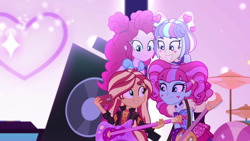 Size: 1600x900 | Tagged: safe, screencap, kiwi lollipop, pinkie pie, sunset shimmer, supernova zap, equestria girls, equestria girls specials, g4, my little pony equestria girls: better together, my little pony equestria girls: sunset's backstage pass, female, geode of sugar bombs, k-lo, magical geodes, music festival outfit, postcrush, su-z