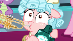 Size: 1068x600 | Tagged: safe, edit, edited screencap, screencap, cozy glow, pinkie pie, spike, alicorn, dragon, pony, g4, the ending of the end, alicornified, bell, cozycorn, doot, grogar's bell, musical instrument, race swap, trumpet