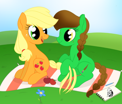 Size: 2151x1832 | Tagged: safe, artist:dyonys, applejack, oc, oc:lucky brush, earth pony, pony, g4, apple, braid, flower, food, freckles, looking at each other, open mouth, pencil, show accurate, sitting, sketchbook
