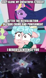 Size: 750x1264 | Tagged: safe, edit, edited screencap, screencap, cozy glow, twilight sparkle, alicorn, pony, g4, the ending of the end, the last problem, caption, comic, cozy glow's sentence, cozybuse, image macro, injustice gods among us, male, meme, older, older twilight, older twilight sparkle (alicorn), phantom zone, princess twilight 2.0, screencap comic, superman, text, twilight sparkle (alicorn)