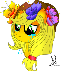 Size: 618x614 | Tagged: safe, artist:sandeline, applejack, earth pony, pony, g4, colored, crying, female, full color, sad