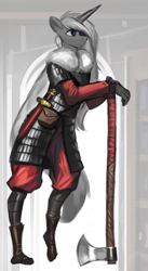 Size: 665x1213 | Tagged: safe, artist:nsilverdraws, oc, oc only, oc:silver lockheart, anthro, plantigrade anthro, armor, axe, solo, weapon