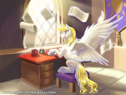 Size: 1200x900 | Tagged: safe, artist:kirillk, oc, oc only, oc:candice, pegasus, pony, fanfic:twilight's nightmare, chair, fanfic art, female, glowing, glowing wings, hooves, illustration, indoors, inkwell, magic, mare, quill, scroll, sitting, solo, spread wings, sunlight, tail, tail feathers, tapestry, unshorn fetlocks, window, wings