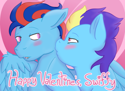 Size: 3000x2200 | Tagged: safe, artist:red note, oc, oc only, oc:andrew swiftwing, oc:blue angel, pegasus, pony, blushing, female, high res, holiday, kissing, male, straight, valentine's day