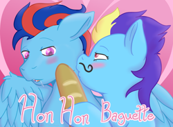 Size: 3000x2200 | Tagged: safe, alternate version, artist:red note, oc, oc only, oc:andrew swiftwing, oc:blue angel, baguette, blushing, bread, drool, food, high res, kissing