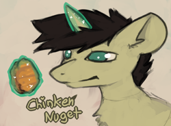 Size: 1306x961 | Tagged: safe, artist:marsminer, oc, oc only, oc:keith, pony, unicorn, cheems, chicken meat, chicken nugget, food, glowing horn, horn, magic, male, meat, solo
