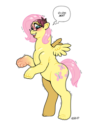 Size: 1530x1800 | Tagged: safe, artist:blackshirtboy, fluttershy, human, pegasus, pony, g4, bipedal, chubby, glasses, human to pony, male to female, oh my, rule 63, solo, transformation, transgender transformation