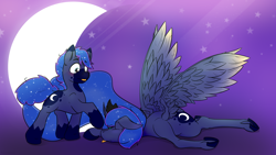 Size: 2560x1440 | Tagged: safe, artist:fuzzypones, princess luna, oc, oc:enceladus, alicorn, earth pony, pony, g4, :p, blushing, brother and sister, duo, female, male, moon, mopey, siblings, starry sky, tongue out