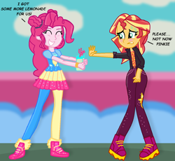 Size: 1174x1080 | Tagged: safe, artist:grapefruitface1, derpibooru exclusive, pinkie pie, sunset shimmer, equestria girls, equestria girls specials, g4, my little pony equestria girls: better together, my little pony equestria girls: sunset's backstage pass, desperation, drink, juice, lemonade, music festival outfit, need to pee, omorashi, potty emergency, potty time