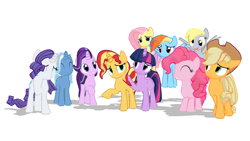 Size: 1280x720 | Tagged: safe, artist:lillianlover2007, applejack, derpy hooves, fluttershy, pinkie pie, rainbow dash, rarity, starlight glimmer, sunset shimmer, trixie, twilight sparkle, alicorn, earth pony, pegasus, pony, unicorn, g4, 3d, crying, female, horn, mane six, mare, simple background, twilight sparkle (alicorn), white background, wings