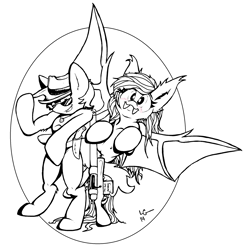 Size: 2312x2336 | Tagged: safe, artist:lucas_gaxiola, oc, oc only, oc:charmed clover, bat pony, pony, bat pony oc, bipedal, duo, female, grin, gun, hat, high res, lineart, male, mare, monochrome, not fluttershy, signature, simple background, smiling, spread wings, stallion, sunglasses, weapon, white background, wings