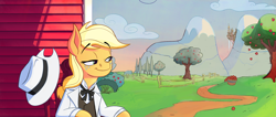Size: 2544x1080 | Tagged: safe, artist:anontheanon, edit, applejack, earth pony, pony, g4, apple, apple tree, applejack's plantation, bowtie, canterlot, clothes, female, food, hat, mare, sitting, suit, sweet apple acres, tree, western bow tie