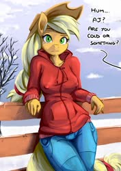 Size: 1414x2000 | Tagged: safe, artist:fidzfox, applejack, earth pony, anthro, g4, breasts, busty applejack, clothes, eyelashes, female, fence, green eyes, hips, hoodie, mare, misleading thumbnail, not what it looks like, offscreen character, snow, solo, speech, text, thick, thighs, thunder thighs, wide hips