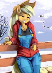 Size: 1414x2000 | Tagged: safe, alternate version, artist:fidzfox, applejack, earth pony, anthro, g4, bait and switch, buttons, clothes, cute, eyes closed, female, fence, grin, jackabetes, mare, overalls, smiling, solo, speech, text, troll
