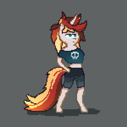 Size: 1920x1920 | Tagged: safe, artist:kitty_love, oc, oc only, oc:scarlet serenade, unicorn, semi-anthro, bipedal, clothes, female, hooves, mare, midriff, pixel art, punk, shirt, short shirt, shorts, skull, solo, sprite, standing, stomach, ych result