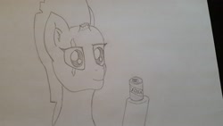 Size: 3264x1836 | Tagged: safe, artist:firestarter, tempest shadow, pony, g4, can, eye scar, female, scar, sketch, solo, tempest stole my drink, traditional art