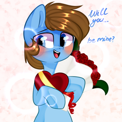 Size: 1000x1000 | Tagged: safe, artist:thieftea, oc, oc only, oc:dimi, earth pony, pony, blushing, bouquet, box of chocolates, flower, looking at you, solo, ych result