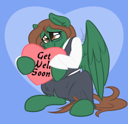 Size: 1132x1098 | Tagged: safe, artist:cadetredshirt, oc, oc only, pegasus, pony, clothes, colored, flat colors, get well soon, glasses, heart, heart pillow, looking offscreen, pillow, shy, simple background, sitting, skirt, solo, vest, wings, ych result