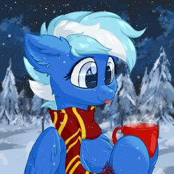 Size: 1024x1024 | Tagged: safe, artist:oblique, oc, oc only, oc:exobass, pegasus, pony, :p, blue, cheek fluff, chest fluff, clothes, commission, cup, cute, ear fluff, forest, scarf, snow, snowfall, solo, tongue out, winter, ych result