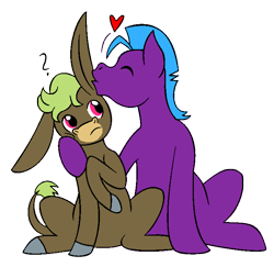 Size: 714x693 | Tagged: safe, artist:chili19, oc, oc only, oc:patrick, oc:rufus, earth pony, pony, colored hooves, donkey oc, earth pony oc, eyes closed, gay, kissing, male, oc x oc, question mark, shipping, simple background, sitting, stallion, transparent background