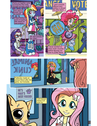 Size: 612x792 | Tagged: safe, artist:greatdinn, artist:newbiespud, edit, idw, babs seed, fluttershy, pinkie pie, rainbow dash, rarity, sunflower (g4), chihuahua, dog, comic:friendship is dragons, equestria girls, g4, spoiler:comic, clothes, collaboration, comic, dialogue, drums, female, hairpin, heatstroke, lockers, musical instrument, one man band
