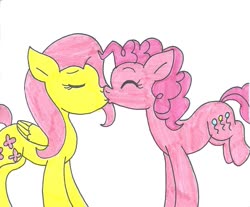 Size: 1037x860 | Tagged: safe, artist:cmara, fluttershy, pinkie pie, earth pony, pegasus, pony, g4, duo, eyes closed, female, kiss on the lips, kissing, lesbian, mare, raised leg, ship:flutterpie, shipping, simple background, traditional art, white background