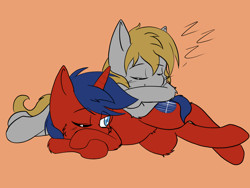 Size: 2048x1536 | Tagged: safe, artist:steelsoul, oc, oc only, pegasus, pony, unicorn, lying on pony, on side, one eye closed, onomatopoeia, request, simple background, sleeping, sound effects, zzz