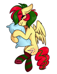 Size: 1000x1300 | Tagged: safe, artist:cottonsweets, oc, oc only, oc:attraction, pegasus, pony, clothes, femboy, hug, male, pillow, pillow hug, sleeping, socks, solo, striped socks
